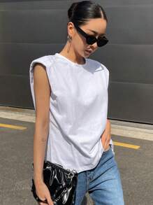 DAZY Solid Shoulder Pad Tee - White - View 3
