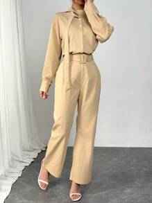 Modelyn 女士新款时尚立领两件套，包括宽松休闲阔腿裤和系带长袖衬衫 - 卡其色 - 查看 4