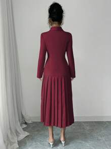 Elenzga 女士优雅通勤翻领双排扣收腰褶边长袖长裙，春/秋/冬长款女装