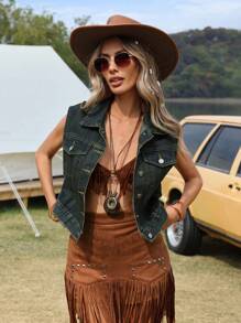 SHEIN Essnce Sleeveless Button-Up Denim Jacket - Dark Wash - View 2