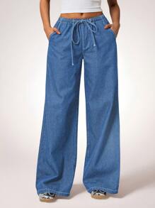 Forever 21 Women's Pockets Wide Leg Loose Casual Versatile Denim Jeans - Baby Blue - View 6