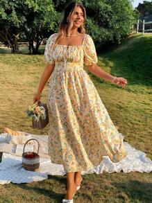 SHEIN Clasi Plus Size Vintage Ditsy Floral Ruffled Square Neck Slit Puff Sleeve Dress - Multicolor - View 1