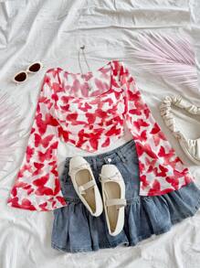 Soleia Women's Vacation Knit Mesh Red Insect & Butterfly Print Square Neck Long Flare Sleeve Fitted Cute T-Shirt - Red and White - View 6