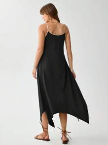 SHEIN LUNE 夏季黑色细肩带连衣裙，休闲乡村音乐节宽松不对称风格 - 黑色 - 查看 3