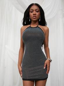 SHEIN Unity Dress Mini Spring Embellished Rhinestone Halter Neck Festival Summer Fitted Club Vacation Baddie Wedding Guest Special Occasion Bridal Dinner Prom Thanksgiving Christmas NYE New Years Eve Outfits For Women - Black - View 5