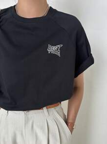 DAZY Letter Graphic Raglan Sleeve Tee - Black - View 2