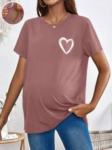 SHEIN Maternity Heart Print Short Sleeve Cotton Top With Nursing Function