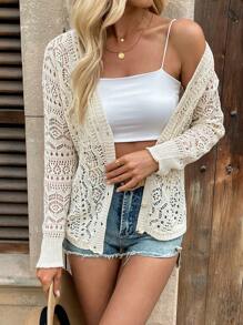 Chiquease Áo len cardigan dáng rộng tay dài màu trơn cho nữ đi nghỉ mát - Màu be - Xem 1