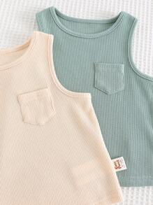 Cozy Pixies 4pcs Baby Boy Set - Solid Color Knitted Soft Round Neck Sleeveless Vest And Elastic Waist Shorts