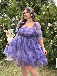 Flirla 大码女式复古花卉印花荷叶边方领 A 字形齐膝连衣裙，甜美优雅，春夏