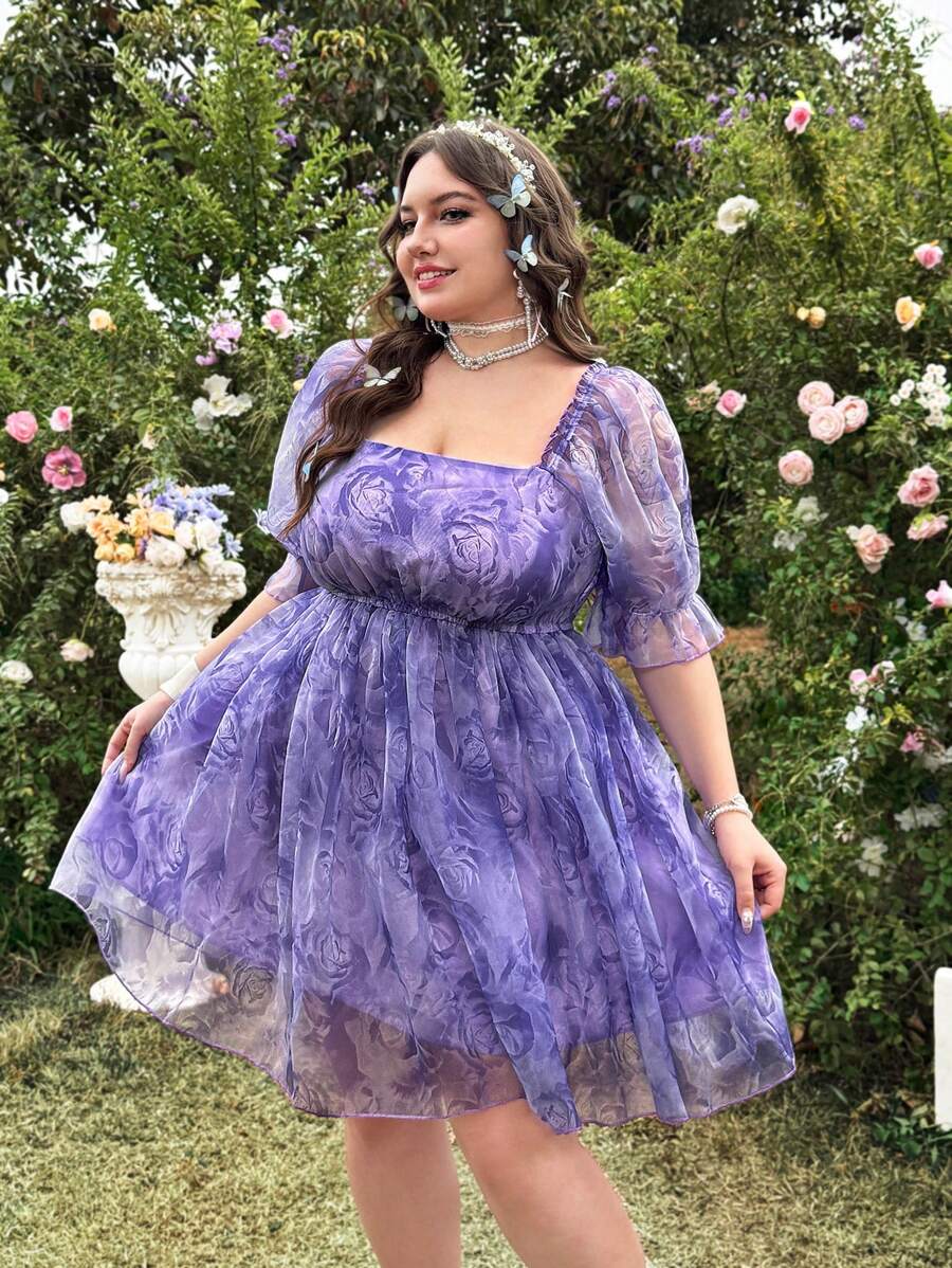 Flirla 大码女式复古花卉印花荷叶边方领 A 字形齐膝连衣裙，甜美优雅，春夏