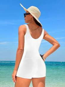 Swim Lushoire Solid Color Patchwork Sleeveless Simple Jumpsuit And 2 Pieces Swimwear Set - White - View 2