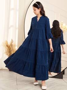 SHEIN Tween Girl Loose V-Neck Layered Textured Fabric 3/4 Sleeve A-Line Dress - Navy Blue - View 4