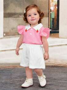 Set de 2 piezas de ropa de verano para bebé/niña pequeña con blusa de manga corta y shorts lindos - Rosa - Ver 1