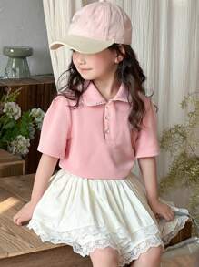 Dazy Kids Young Girl Knit Collar Embroidered Short Sleeve T-Shirt, Spring/Summer - Pink - View 4