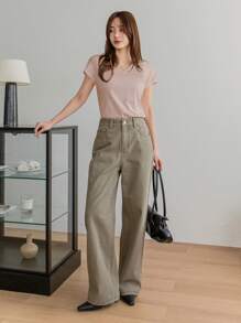 Dazy-Less 女士纯色 V 领短袖 T 恤，夏季复古风格商务休闲女士工作服 - 藕粉色 - 查看 3