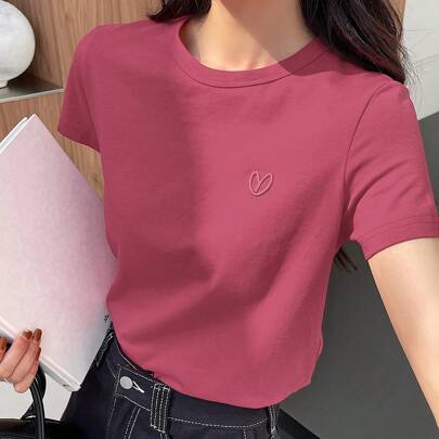 발렌타인 데이 자수 하트 & 레터 디자인 여성 반팔 티셔츠 여름, 비즈니스 캐주얼 여성