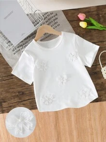 青少年女孩休闲甜美圆领落肩宽松纯色 3D 蝴蝶结装饰 T 恤，百搭夏季上衣