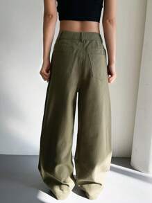 DAZY Women Loose Wide Leg Pants With Pockets, Solid Color - Army Green - View 2