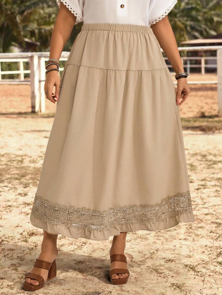 Plus Size Women Summer Solid Color Elastic Waist Long Lace Patchwork Skirt, Fashionable & Simple Khaki Skirt ,Casual Everyday Wear,Summer Outfits For Women,Vacation Outfits Woman,Western Wear Women
