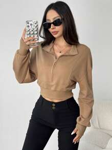 SHEIN EZwear Women's Solid Color Half Placket Drop Shoulder Long Sleeve Cropped Casual Hoodie - Mocha Brown - View 3