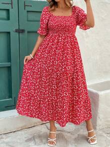 SHEIN Clasi Plus Size Women Summer Elegant Vacation Puff Sleeve Front Pleated Red Ditsy Floral Dress,Summer Outfits For Women Vacation Outfits Woman,Suitable For Workplace, Afternoon Tea, Date, Concert, Party, Retro College Style,Holiday,Summer Outfits For Women,Beach Outfits For Woman,Vacation Outfits Women,Sun Dress,Sun Dress,Rave Outfits Festival/Concert Outfit Women/ Rave Outfits/Country Concert Outfit/Nashville Outfits/Coachella Outfits/Ibiza Outfits