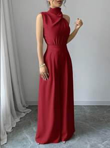 Firerie Women's Apricot Turtleneck Sleeveless Wide Leg Jumpsuit - Red - View 7