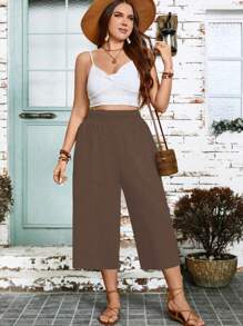 Linhara Plus Size Solid Color Loose Wide Leg Pants, Casual Resort Wear - Brown - View 5