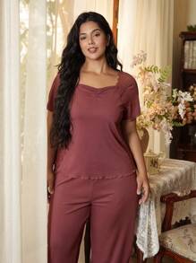 Côtesoire Conjunto de pijama de talla grande con parches de encaje y estilo minimalista