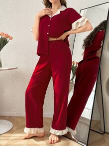 Contrast Color Ruffled Collar Button Front Short Sleeve Pajama Set For Women