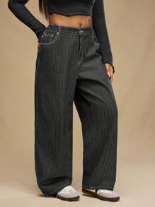 Forever 21 大码宽松条纹直筒复古休闲牛仔裤 - 黑色 - 查看 3