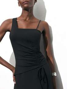 Maija 2025 年夏季新品不对称剪裁肩部抽绳系带侧高开衩设计波西米亚风度假音乐节海滩度假休闲浪漫都市度假连衣裙，适合外出、派对、婚礼嘉宾、圣帕特里克节、春假、复活节