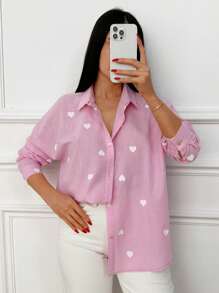 EURMUSE 100% Cotton HEART PATTERN LONG SLEEVE SHIRT - Pink - View 5