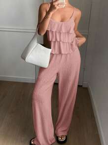DAZY Women's Solid Color Textured Ruffled Cami Top & Wide Leg Pants Summer Bohemian Resort 2 Pieces Set - Pink - View 1