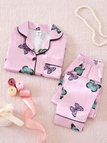 Young Girl Butterfly Print Contrast Piping PJ Set