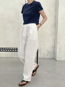 Dazy-Less Solid Crew Neck Crop Tee Summer Preppy Tops Business Casual Woman Work Clothes