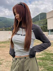 DAZY Letter Graphic Raglan Sleeve Crop Tee,Fall Clothes Long Sleeve Women Tops - Grey - View 2