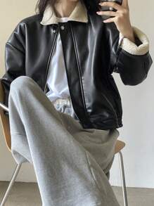 DAZY 女式 PU 皮革和仿羊毛拼布夹克，秋季女装