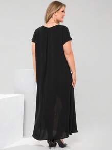 EMERY ROSE 大码女式斑马纹拼布圆领短袖口袋休闲连衣裙，优雅女装，女士夏季服装/夏季，女士度假服装，夏装，朴素服装