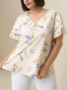 Chikora 加大码宽松V领短袖衬衫，适合夏季女士夏季衬衫夏季上衣女士工作衬衫夏季服装 - 彩色 - 查看 6