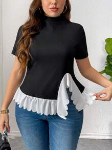 SHEIN Privé Plus Size Women Spring Summer Casual Elegant Commute Office Career Knowledgeable Color Block Ruffle Collar Stretchy T-Shirt