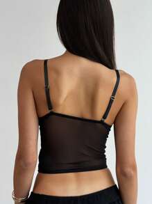 Aloruh Women's Lace Splice Twist Design Mesh Cutoff Camisole - Black - View 2