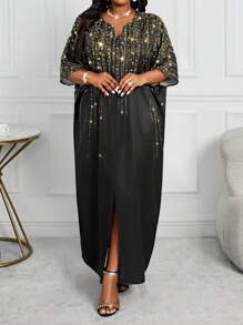 SHEIN Lady Robe longue ample à encolure cache-cœur et manches chauve-souris avec imprimé scintillant pour femmes