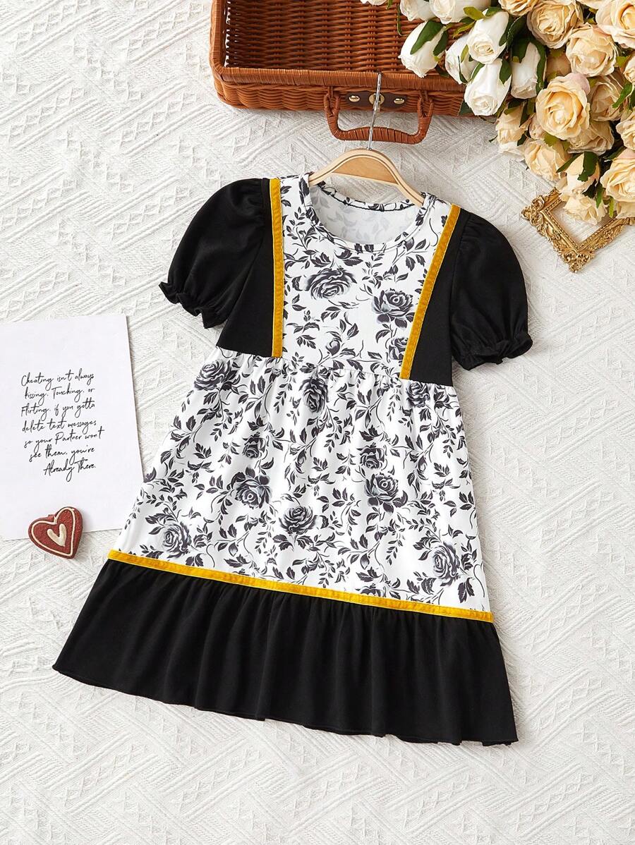 Baby Girls Black Floral Print Pattern Short Sleeve A-Line Midi Dress, Comfortable - Black - View 1