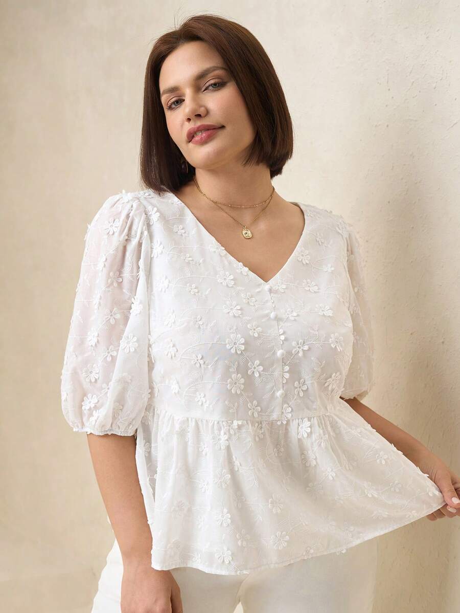 Chikora Plus Size Women's Summer White 3D Embroidered A-Line Loose Shirt,Summer Outfits For Women,Vacation Outfits Women - White - View 1