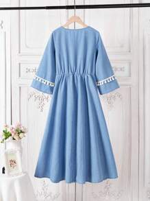 SHEIN Jacquard Tassel Collar Blue Denim Dress For Teenage Girls - Light Wash - View 2
