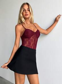 Aloruh Women's Sexy And Elegant Sheer Mesh & Lace Splice Bodysuit Women Burgundy Bodysuit