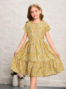 SHEIN Tween Girl 柔软碎花修身休闲连衣裙 - 黃色 - 查看 4