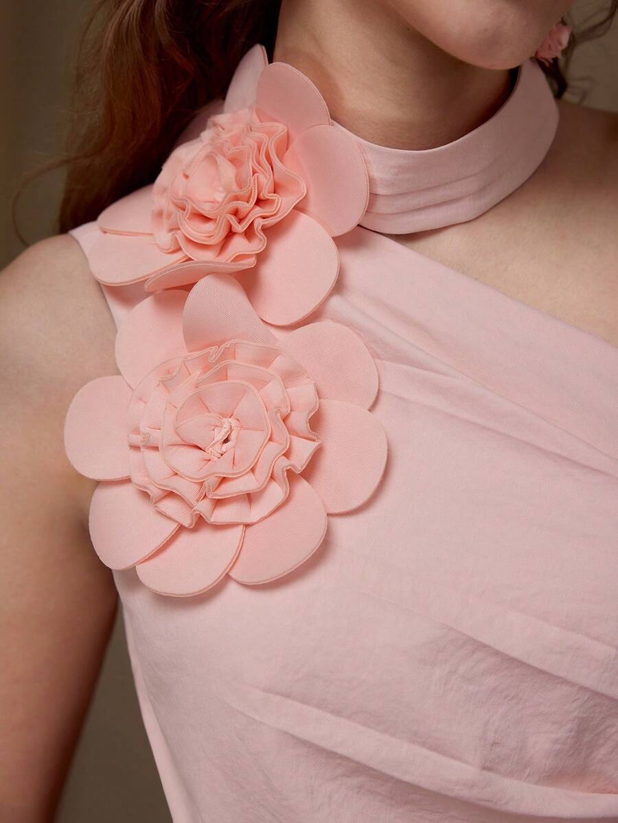 MOTF 3D FLOWER ASYMMETRICAL NECK MID-LENGTH DRESS - Pink - View 2