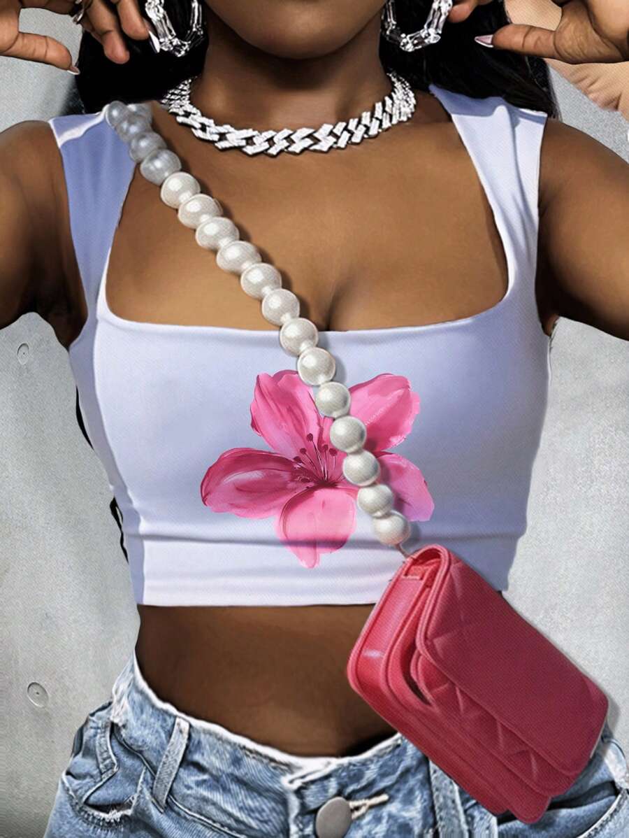 Slaydiva Women's Casual Floral Pattern Square Neck Cropped Tank Top, Suitable For Summer Back To School - White - View 1